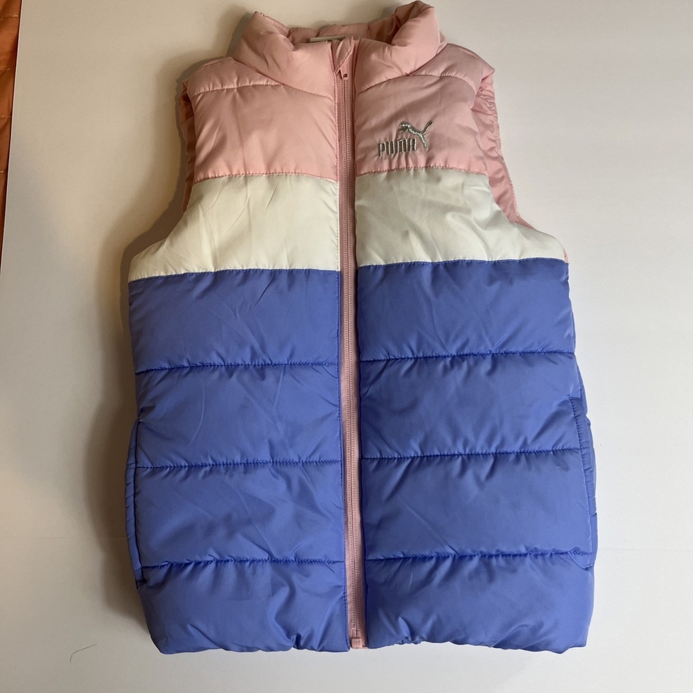 Puma Puffer Vest Girls Size XS 5/6 Pink White Purple Colorblock Full Zip Sporty